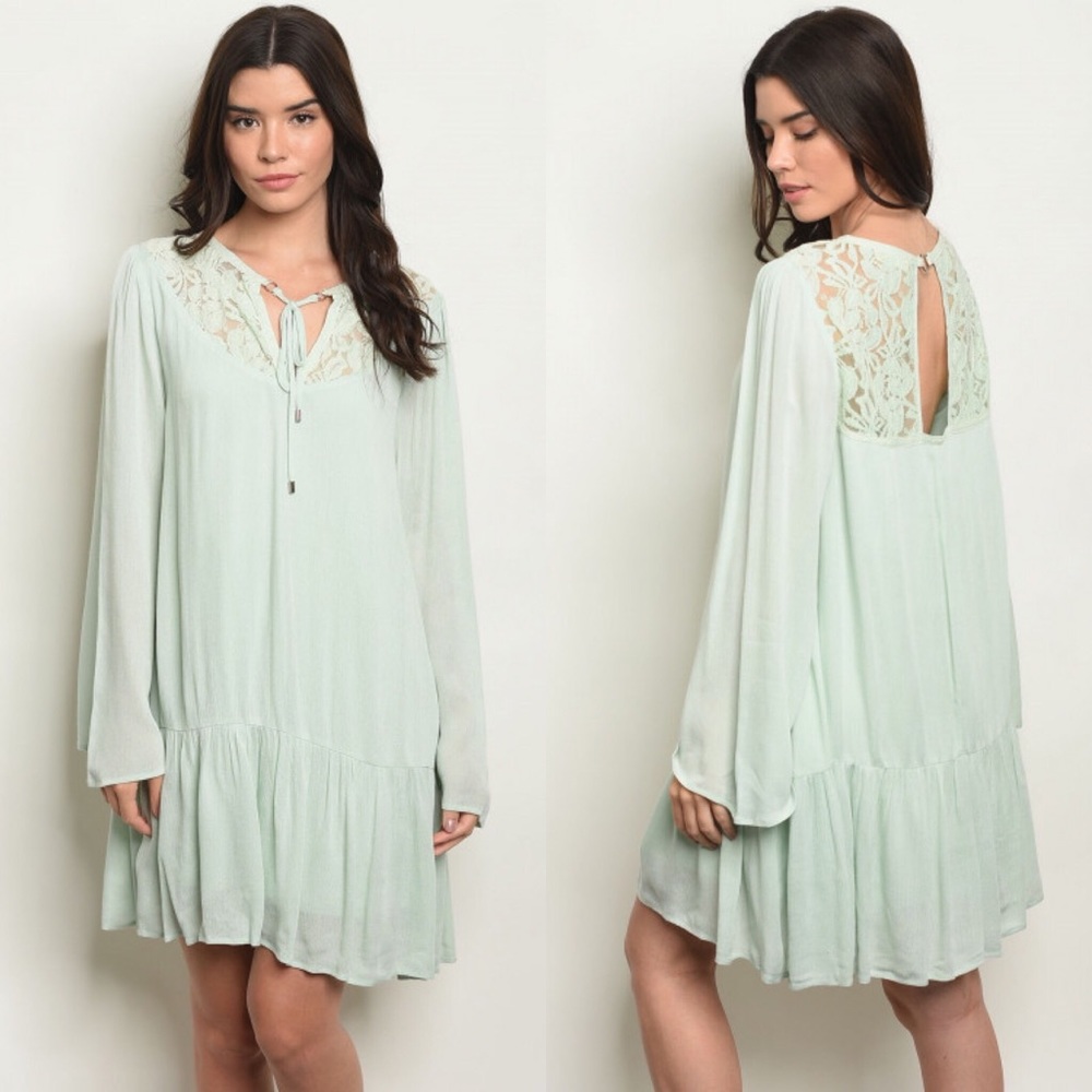 Long Sleeve Neckline Detail Tunic Dress - Picture 1 of 3